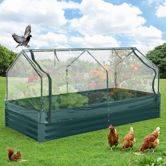 Garvee Galvanized Raised Garden Bed Large Rectangular Kit with Cover Zippered Screen Doors, Open Base Design, Thick Steel, Easy Assembly, Planter Box for Vegetables, Flowers (Dark Green, 6x3x1 ft)