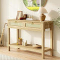 SUPERJARE Rattan Console Sofa Table with Outlets and USB-C Port, 2 Drawer Entryway Table with Synthetic Rattan Surface, 39 Inch, Open Shelf, Behind Couch Entry Foyer Hallway Storage, Natural