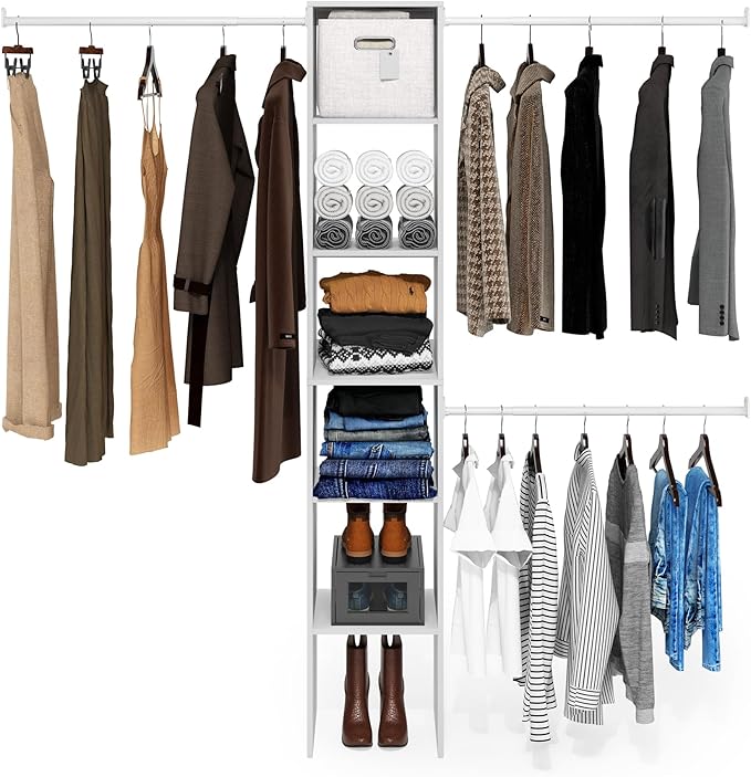 Furinno FANO Closet Organizers and Storage, 5-Tier Closet Storage Organizer with 3 Hanging Bars, Wardrobe Closet Shelf Towers, Adjustable Shelves, for Wardrobe, Bedroom, Living Room, White