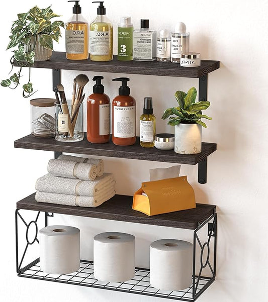 Amada Bathroom Shelves Over Toilet with Storage Basket, Floating Wall Shelf for Home Organization & Wall Decor, Bathroom/Kitchen/Living Room Shelves–Rustic Brown | with Storage Basket, Wall Decor, Bathroom, Kitchen, Living Room