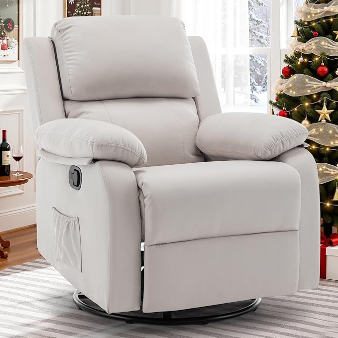 Recliner Chair, 360 Swivel Rocker Chair for Adults, Small Rocking Recliner for Small Spaces, Upholstered Fabric Glider Recliner Nursery (Swivel Rocker Recliner, Off White)