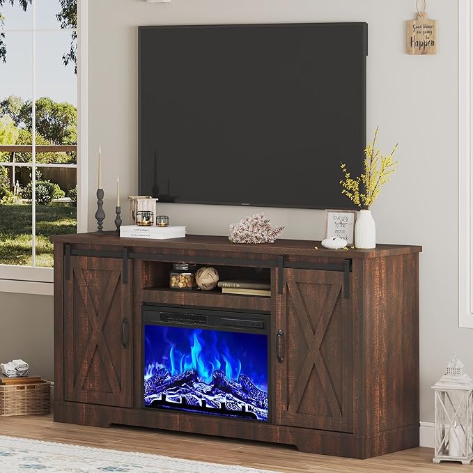 AMERLIFE Fireplace TV Stand with Sliding Barn Door for TVs up to 73", Farmhouse 63" Fireplace Entertainment Center with Storage Cabinets/Adjustable Shelves, Reclaimed Barnwood