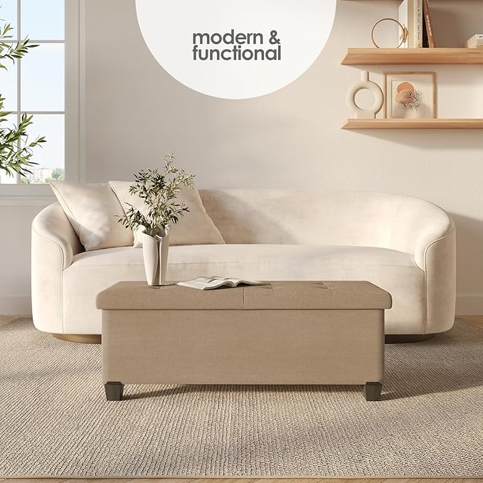 Storage Ottoman Bench with Bins, 43-in Storage Bench for Bedroom End of Bed, Folding Foot Rest Ottoman for Living Room Max 660lbs, Fabric Ottomans, Taupe