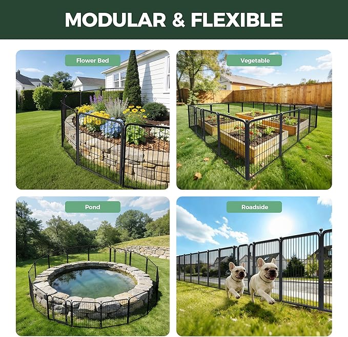 FXW Garden Fence Outdoor for The Yard – 24in(H) x 11.4ft(L) Heavy Duty Metal Animal Barrier for Dog and Rabbit, Decorative Dog Fence, 6 Panels, Black