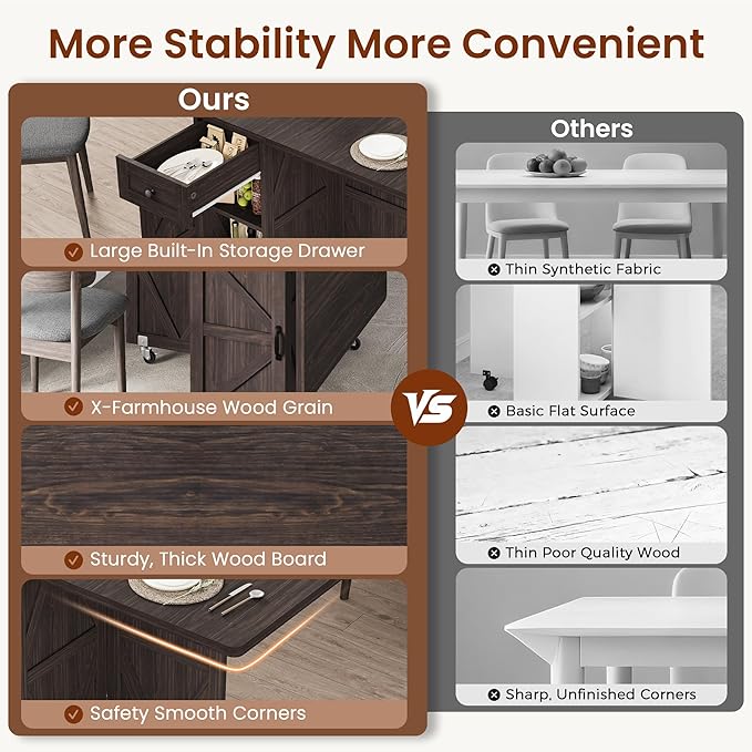Space Saving Folding Dining Table, Farmhouse Foldable Dining Table with Drawer and 2-Layer Storage Shelf, 6 Wheels Multipose Expandable Folding Kitchen Table for Small Space (Dark Walnut)