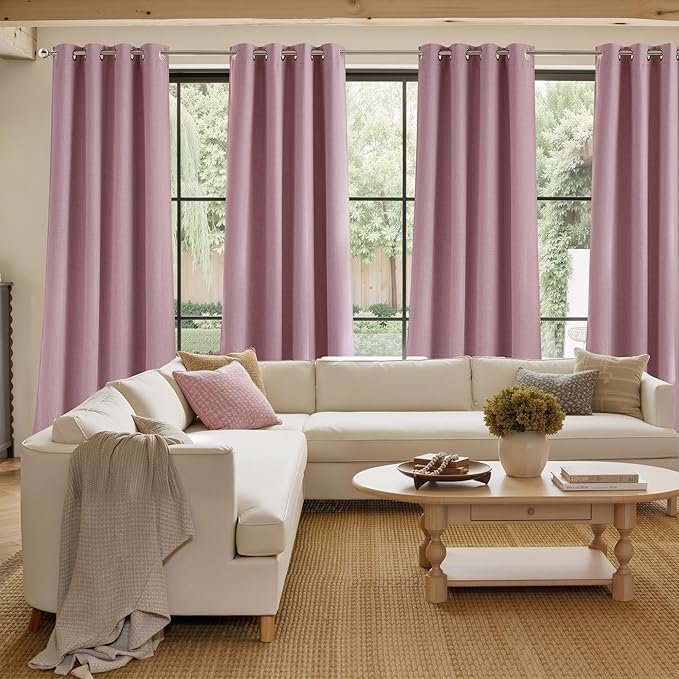 NICETOWN Faux Linen Pink Blackout Curtains 84 inches Long for Living Room - Privacy Panels for Bedroom, Modern Farmhouse Style Easy Care Grommet Top, 2 Panels, W52 by L84