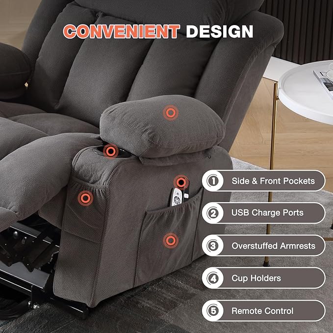 Power Lift Recliner Chair for Elderly with Vibration Massage and Lumbar Heating, Electric Lift Recliner Single Sofa with Side Pocket, Two Cup Holders and USB Charge Port for Living Room