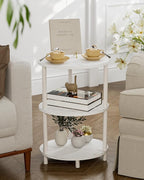 Small Round Side Table - 3-Tier Oval Accent Table for Small Spaces, Rustic Wood and Metal Couch End Table, Nightstand for Bedroom or End Table Living Room, Easy to Assemble, Marble White