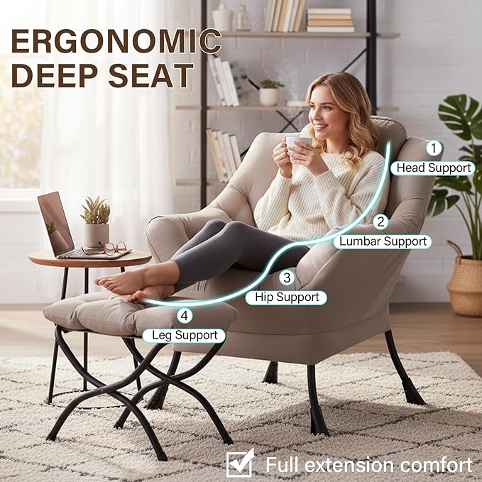 Welnow Lazy Chair with Ottoman, Modern Reading Accent Chair with Armrests and a Side Pocket, Leisure Upholstered Lazy Sofa Set with Footrest for Small Space, Khaki