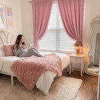 NICETOWN Blush Pink Short Velvet Curtains with Cute Pom-Pom Trim for Nursery 63 inch Long – Luxury Room Darkening Drapes Light Filtering Window Treatment for Girls, 52" W x 63" L, 2 Panels