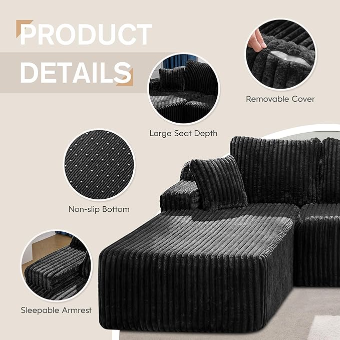 Modular Sectional Sofa Couches L-Shape Couch 3 Seat Modular Sofa Memory Foam Sectional Couches for Living Room, Cloud Couch with Oversized Chaise (Black Stripe, 108" Left Facing Chaise)