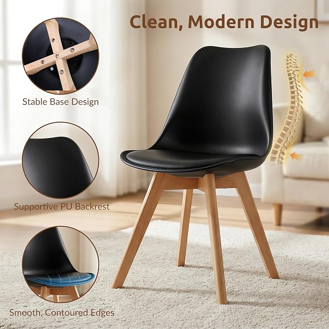 Dining Chairs Set of 4, Modern Upholstered Dining Room Chairs with PU Leather Padded Seat, Armless Kitchen Chairs with Curved Backrest and Solid Wood Legs for Dining Room, Kitchen, Apartment, Black