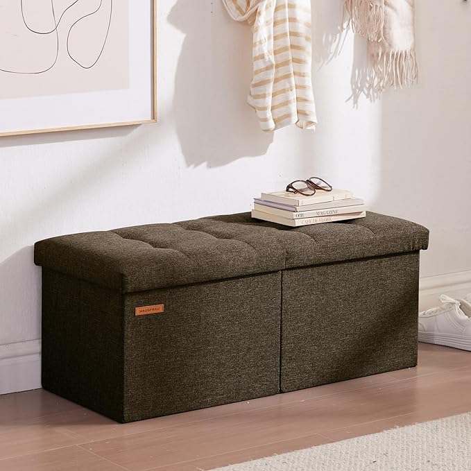 HAUSFRAU 31.5 Inches Ottoman with Storage Bench, Folding Ottoman Bench Small Foot Rest Stool, Bedroom Bench with Flipping Lid, Linen Espresso
