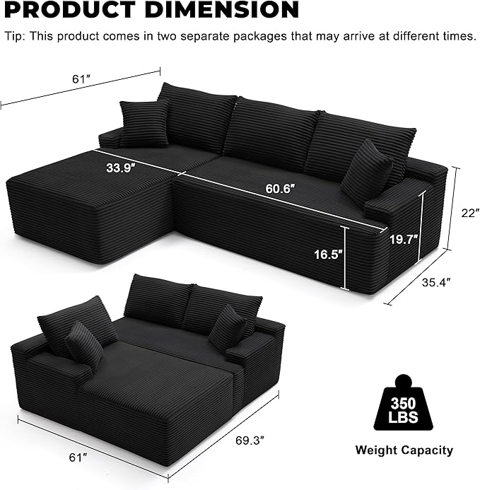 Cloud Sectional Sofa, Boneless Couch for Living Room, Modular Sectional Sofa with Deep Seat, Fluffy Comfy Couch with L-Shaped Chaise, No Assembly Required, Black