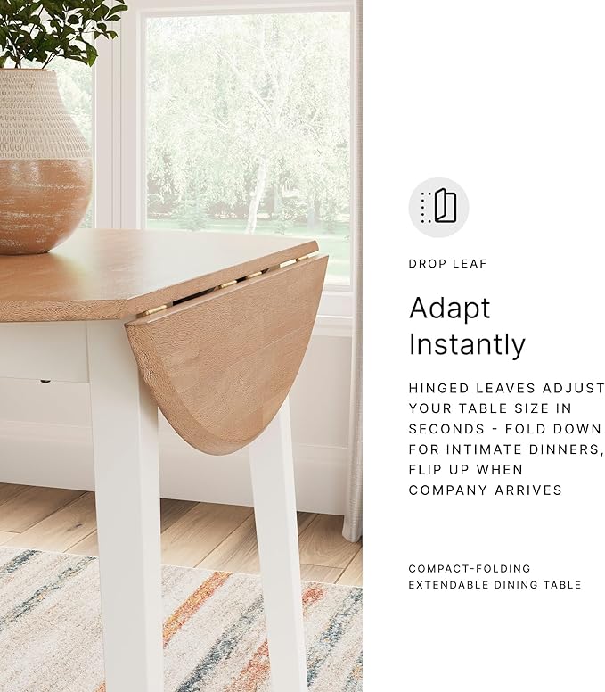 Signature Design by Ashley Gesthaven Farmhouse Dining Drop Leaf Table with 4 Legs, Light Brown & White