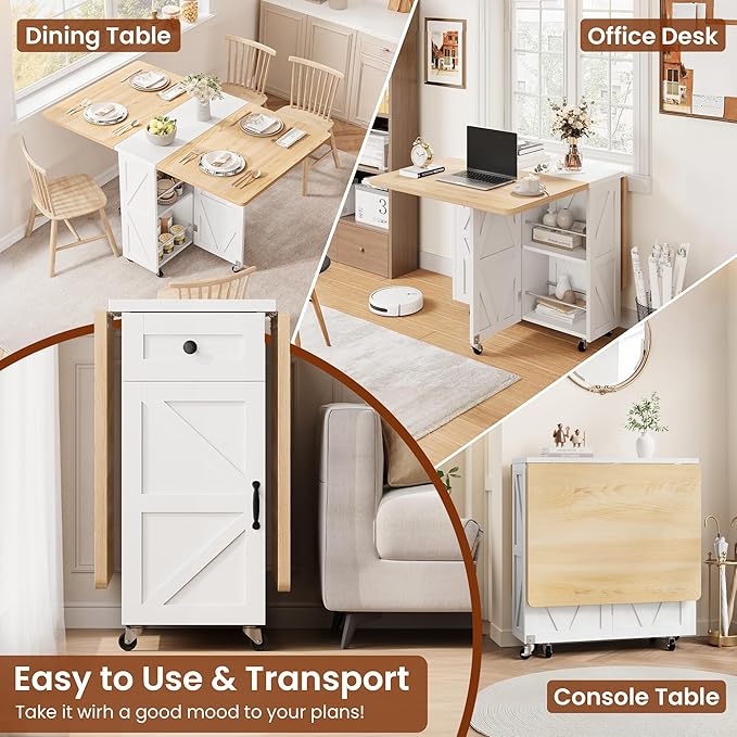 Space Saving Folding Dining Table for 4, Farmhouse Foldable Dining Table with Drawer and Storage Shelf, 6 Wheels Multipose Expandable Kitchen Drop Leaf Table for Small Space (Pear Wood White)