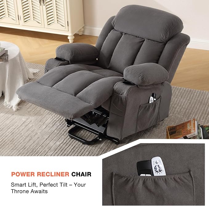Power Lift Recliner Chair for Elderly with Vibration Massage and Lumbar Heating, Electric Lift Recliner Single Sofa with Side Pocket, Two Cup Holders and USB Charge Port for Living Room