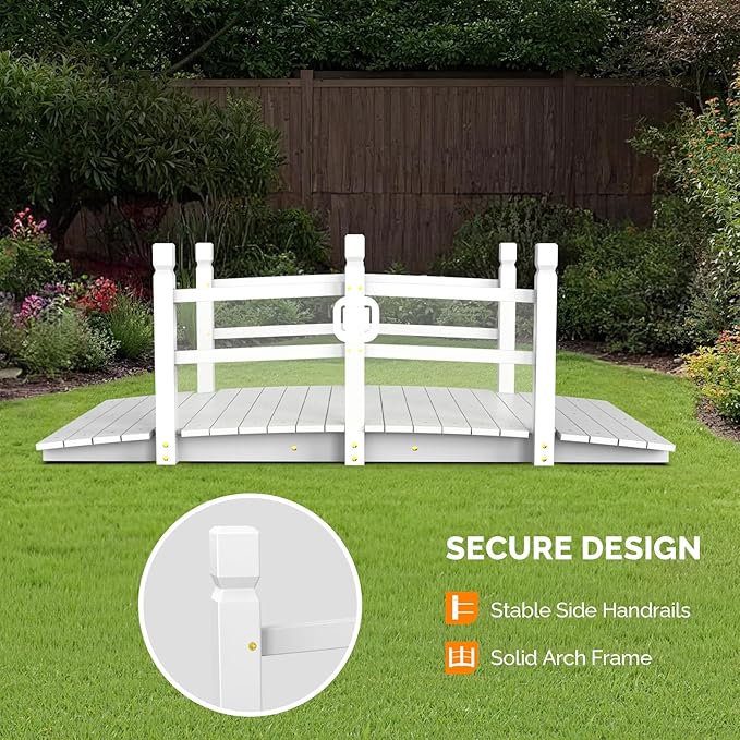 VINGLI Garden Bridge, Classic Wooden Bridge with Safety Rails, Decorative Arched Footbridge (White, 5 ft)