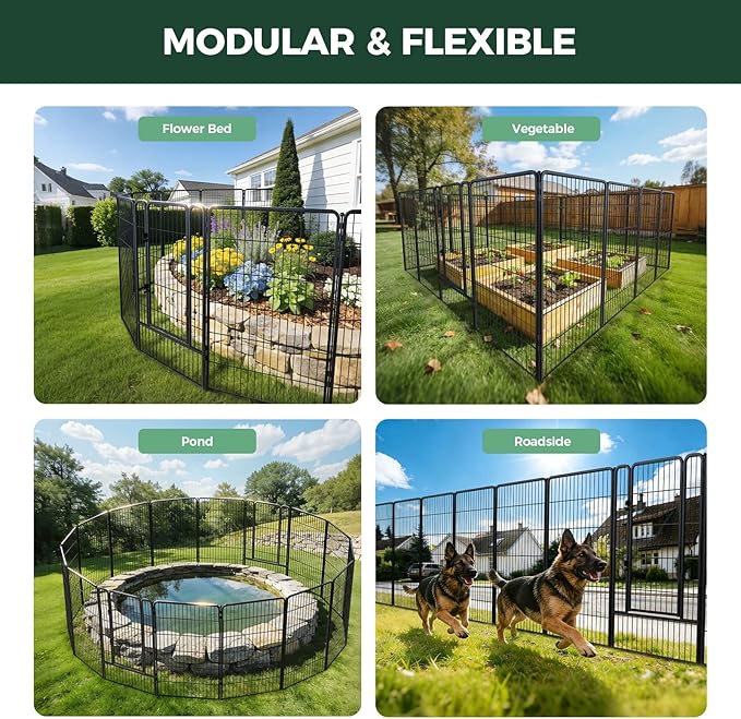 FXW Garden Fence Outdoor for The Yard – 45in(H) x 109.4ft(L) Heavy Duty Metal Animal Barrier for Dog and Rabbit, Decorative Dog Fence, 48 Panels, Black