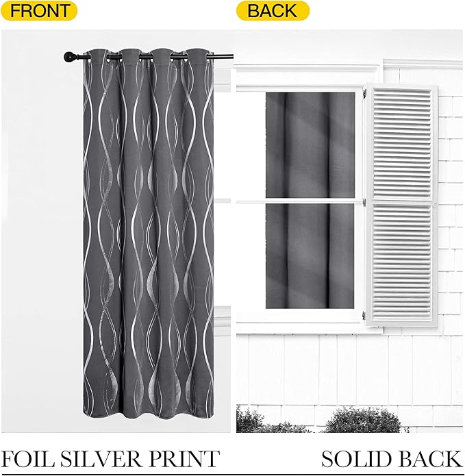 NICETOWN Bedroom Small Blackout Curtain Panels, Set of 2, 42 by 48 Inch,Grey, Window Treatment Thermal Insulated Solid Grommet Blackout Wave Line Foil Print Design Curtains for Kitchen, Cafe, Loft