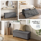 Storage Ottoman Bench with Bins, 43-in Storage Bench for Bedroom End of Bed, Folding Foot Rest Ottoman for Living Room Max 660lbs, Fabric Ottomans, Grey
