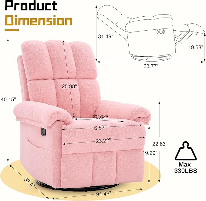 Recliner Chair, Swivel Rocker Recliner Chair for Adults, Small Recliners for Small Spaces, Manual Recliner with Side Pockets, Upholstered Nursery Rocking Chair for Living Room, Sherpa, Pink