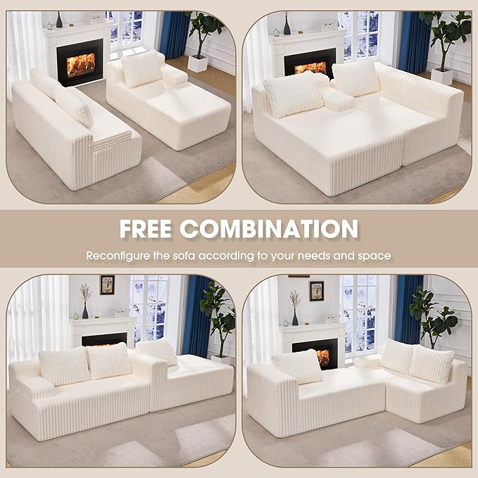 Modular Sectional Sofa Couches L-Shape Couch 3 Seat Modular Sofa Memory Foam Sectional Couches for Living Room, Cloud Couch with Oversized Chaise (White Stripe, 96" Right Facing Chaise)