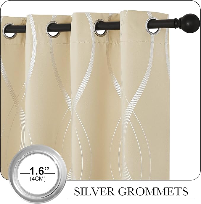 NICETOWN Bedroom Short Blackout Curtain Panels, Window Treatment Thermal Insulated Room Darkening Wave Line Foil Print Design Curtains for Kitchen, Cafe, Loft (Biscotti Beige, Set of 2, 42 by 63 Inch)