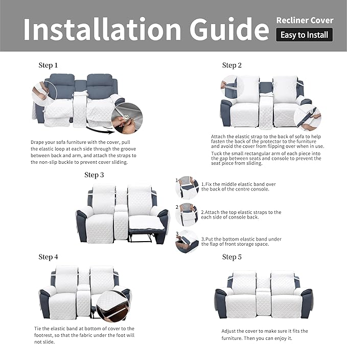 Easy-Going Loveseat Recliner Cover with Console, Reversible Couch Cover for Living Room, Split Sofa Cover for Each Seat with Elastic Straps for Dogs, Pets(2 Seater, White/White)