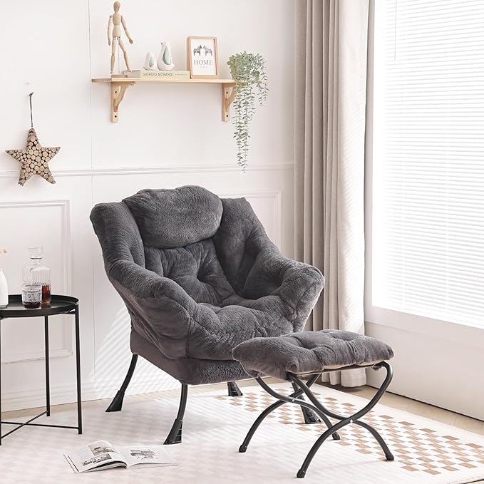 Tiita Lazy Chair with Ottoman, Modern Large Accent Lounge Chair, Leisure Sofa Armchair with Ottoman, Reading Chair with Footrest for Bedroom, Living Room, Dorm Rooms, Garden and Courtyard