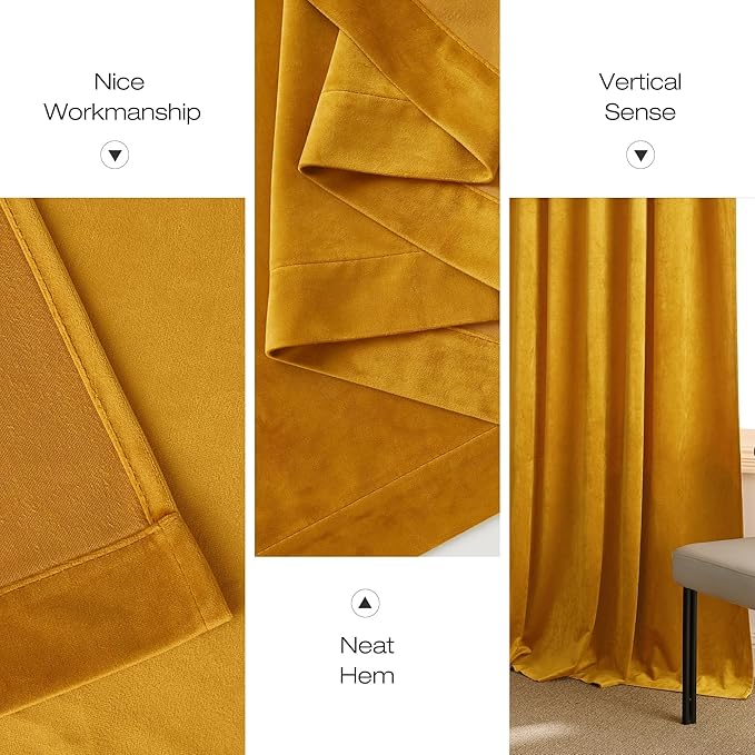 NICETOWN Yellowish Gold Velvet Curtains 84 inches Long for Dining Room - Luxury Room Darkening Silky Soft Window Treatments for Holiday Season Home Decoration (1 Pair, 84 inches)