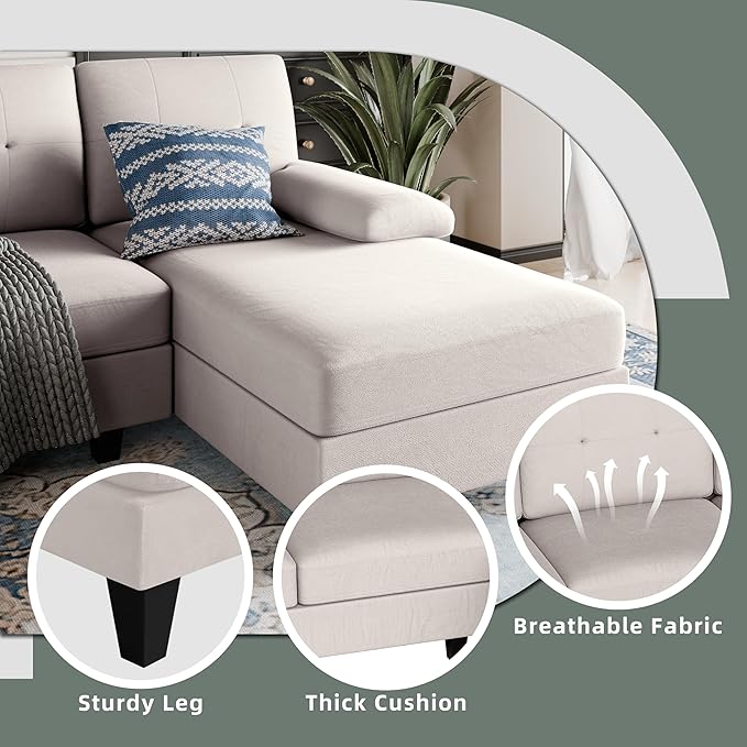 Shintenchi U-Shaped Sectional Couches for Living Room, 4 Seat Sofa with Double Chaise Lounges,Solid Wood Frame Sectional Sofa for Apartment,Creamy White