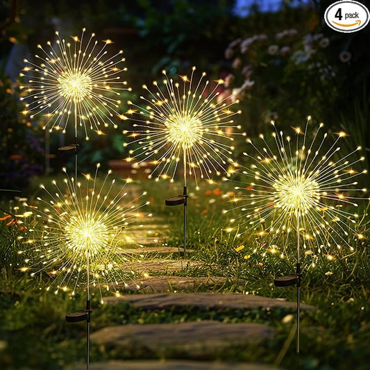 GIGALUMI Garden Decor Outdoor Lights 120LED 4Pack, Solar Garden Lights for Christmas Outside Fairy Firework Decorative,Solar Powered for Yard Pathway Flowerbed Planter Balcony Patio Decor (Warm White