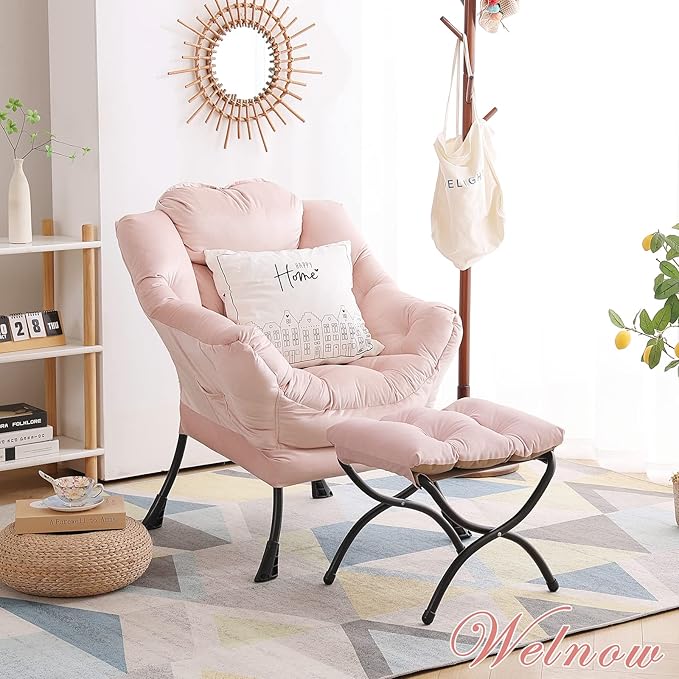 Welnow Lazy Chair with Ottoman, Modern Accent Chair with Armrests and a Side Pocket, Leisure Sofa Armchair, Reading Armchair with Footrest for Small Space, Pink