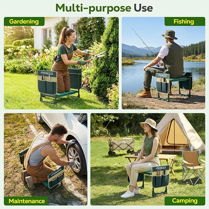 MoKo Garden Kneeler, Heavy Duty Garden Kneeler and Seat Supports up to 350Lbs, Gardening Stool with LargeTool Bag, Foldable Kneeling Stool Space Saving, Gardening Gifts for Women, Seniors, Dark Green