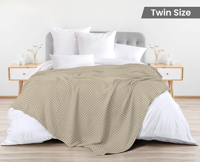 Utopia Bedding Khaki 100% Cotton Waffle Blanket 300 GSM [Twin - 90x72 Inch] Soft Lightweight Breathable Bed Blanket for All Season