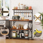 Furologee Kitchen Bakers Rack with Power Outlet,Coffee Stand with Storage 4 Tiers,Coffee Bar Station with a 31.5 Inch Larger Desktop and 8 S Hooks,Kitchen Microwave Rack for Spices,Pots,Rustic Brown