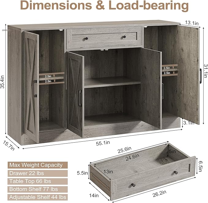 Buffet Cabinet with Storage, 55" Large Sideboard Storage Cabinet with Drawer, 4 Doors and Shelves, Modern Farmhouse Coffee Bar Table Kitchen Island Credenza for Kitchen, Entryway, Dining, Living Room