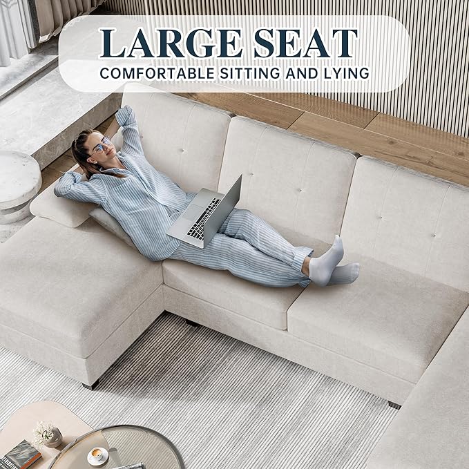 Shintenchi U-Shaped Sectional Couches for Living Room, 4 Seat Sofa with Double Chaise Lounges,Solid Wood Frame Sectional Sofa for Apartment,White