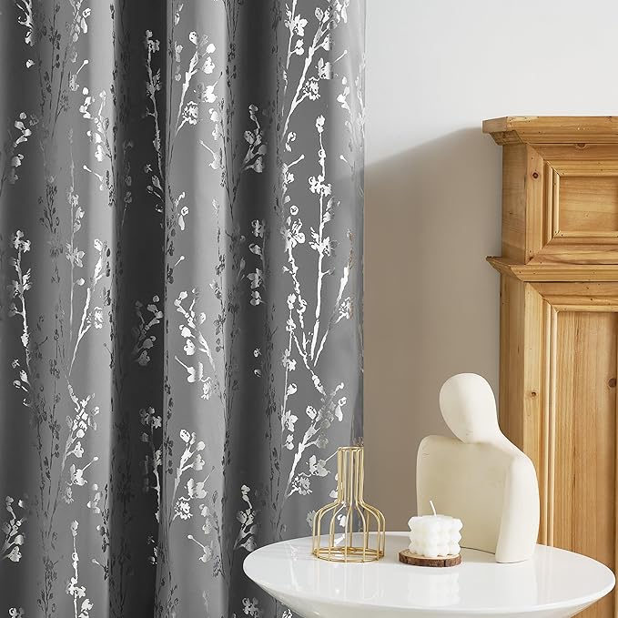 NICETOWN 100% Blackout Curtains 84 inches Long, Grommet Floral Branch Curtains Foil Printed Window Treatments Thermal Curtains for Bedroom/Living Room, Grey, W52 x L84, 2 Panels