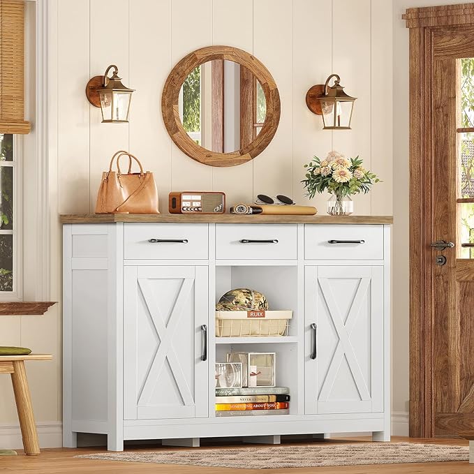 TEENFON Storage Cabinet, Coffee Bar Cabinet with 3 Drawers, 2 Adjustable Shelves & 2 Doors, Buffet Cabinet, Kitchen Cabinet for Kitchen, Dining Room, Living Room, White