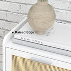 LAATOOREE Nightstand Set of 2, Small White Bedside Table, End Table with Rattan Door, Boho Side Table with Solid Wood Legs for Bedroom Living Room Small Space