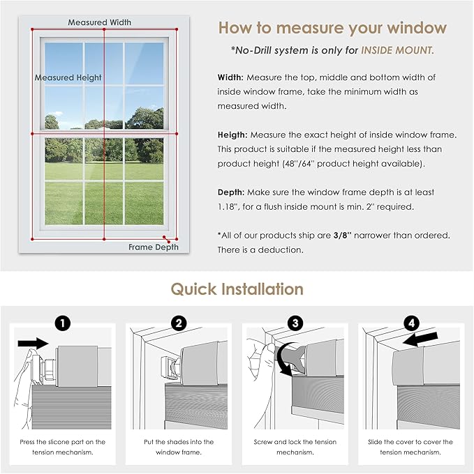 LazBlinds No Tools No Drill Cordless Cellular Shades, Light Filtering Honeycomb Shades for Home, Thermal Insulation Blinds for Windows, 47" W x 48" H, Taupe