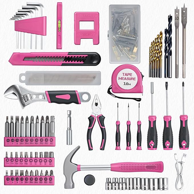 Tool Set - Tool Kit with 8V Cordless Drill, 132 Piece Tool Box with Drill, Home Tool Kits for Women & Men, Hand Drill Set Perfect for Homeowner, Diyer, Handyman - Pink