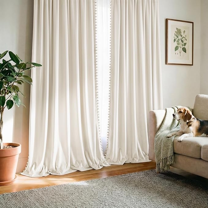 NICETOWN Cute Pom-Pom Trim Velvet Curtains 8 ft Long, Ivory White – Delicate Light Filtering Drapes Beautiful Lovely Home Decor for Baby, 52" W x 96" L, 2 Panels