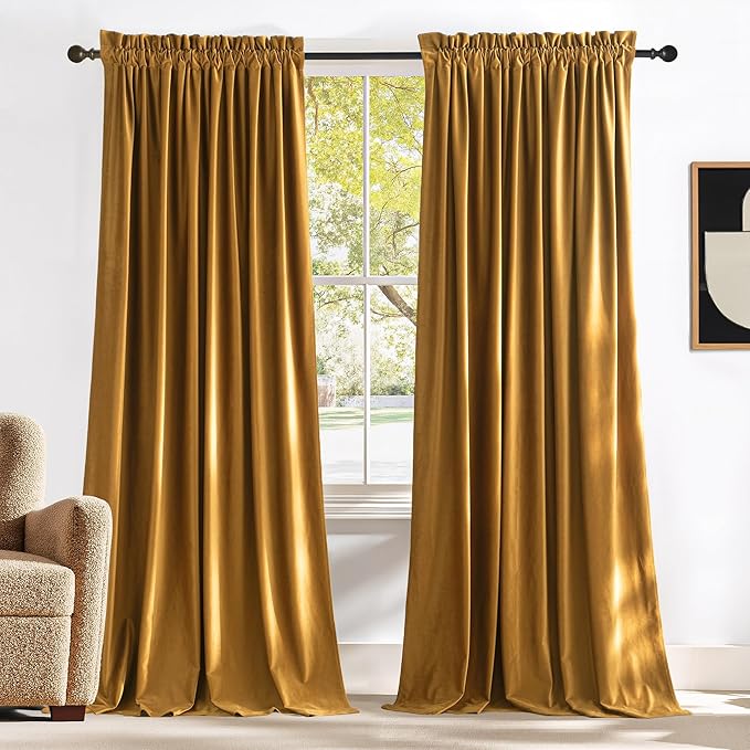 NICETOWN Mustard Gold Velvet Curtains 96 inch Long for Living Room, Office, Bedroom - Room Darkening Luxury and Warm Cat Proof Drapes, Rod Pocket Design, W52 x L96, Set of 2