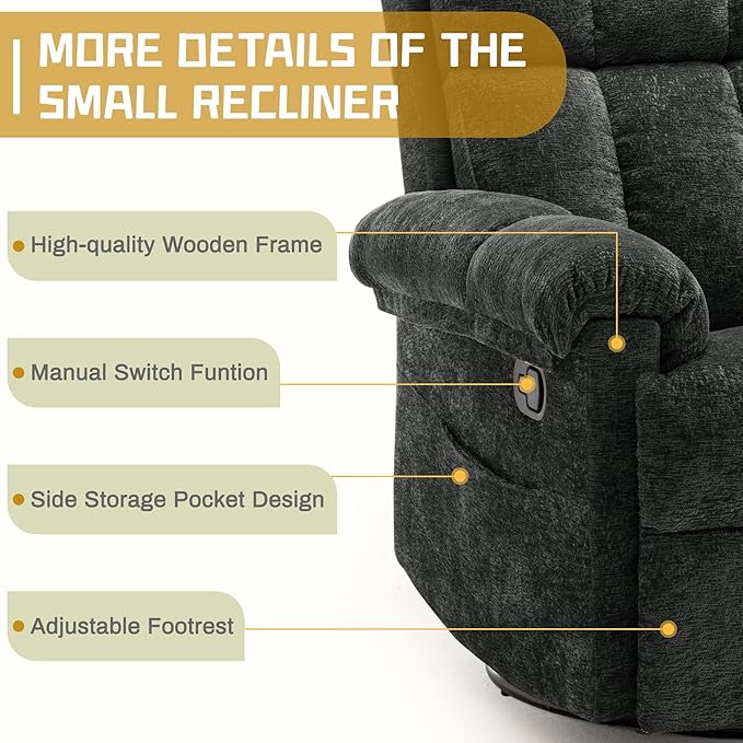 Recliner Chair, Swivel Rocker Recliner Chair for Adults, Small Recliners for Small Spaces, Upholstered Manual Recliner with Side Pockets, Nursery Rocking Chair for Living Room, Chenille, Black