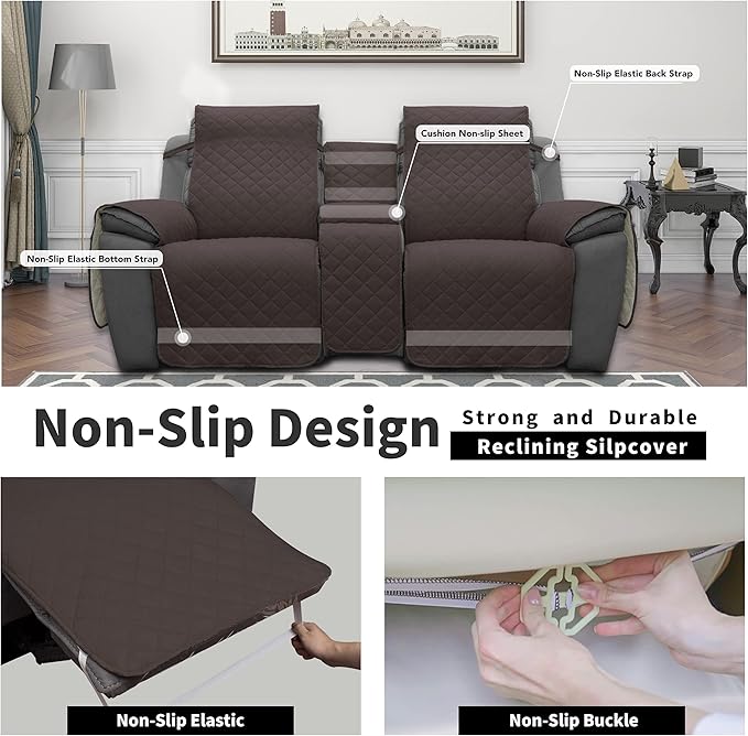 Easy-Going Loveseat Recliner Cover with Console, Reversible Couch Cover for Living Room, Split Sofa Cover for Each Seat with Elastic Straps for Kids, Dogs, Pets(2 Seater, Chocolate/Beige)