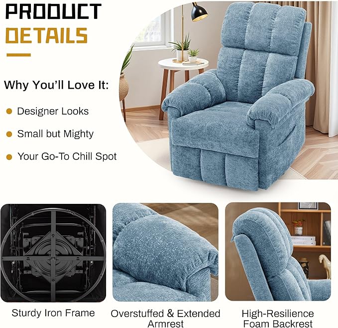 Recliner Chair, Swivel Rocker Recliner Chair for Adults, Small Recliners for Small Spaces, Manual Recliner Chair with Side Pockets, Nursery Rocking Chair for Living Room, Chenille, Airy Blue