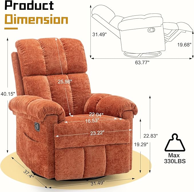 Recliner Chair, Swivel Rocker Recliner Chair for Adults, Small Recliners for Small Spaces, Manual Recliner with Side Pockets, Upholstered Nursery Rocking Chair for Living Room, Chenille, Orange